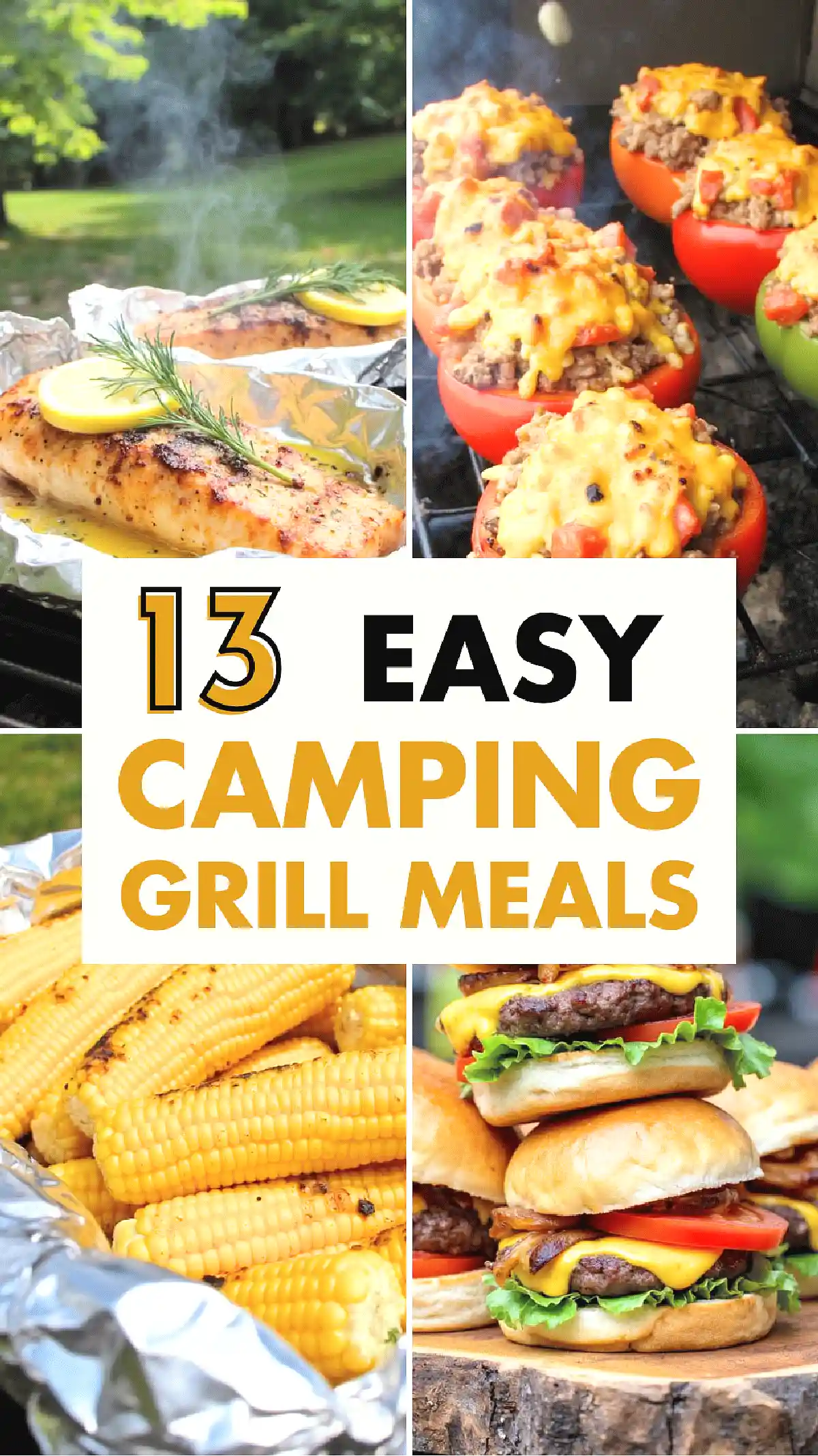 13 Easy Camping Grill Meals: Grilled salmon, stuffed peppers, corn on the cob, and cheeseburgers under trees.
