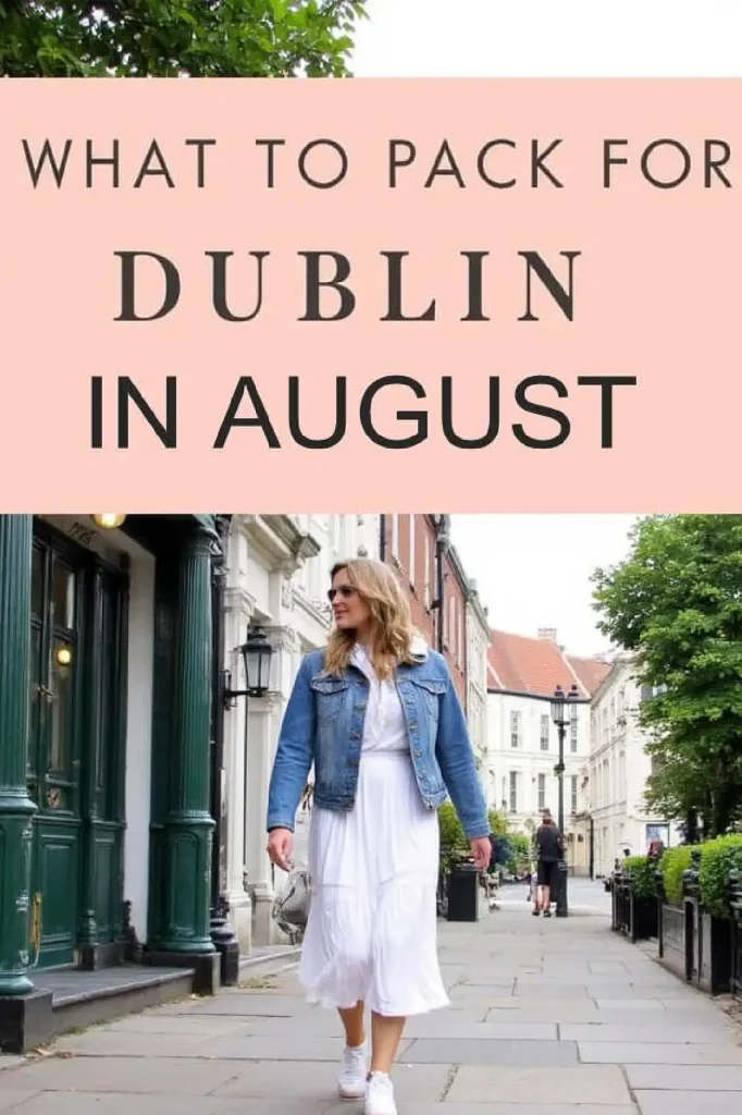 What to pack for Dublin in August: woman in denim jacket and white dress walking on a charming street.