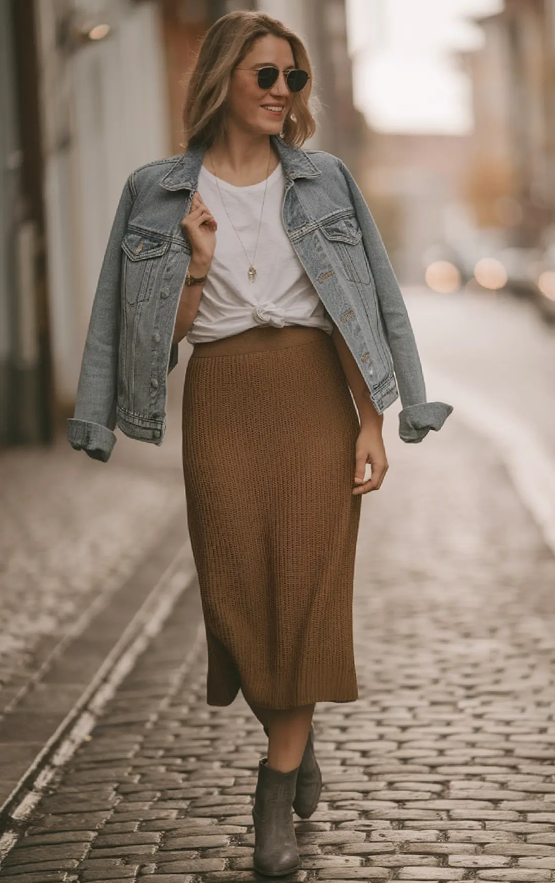 Woman in a denim jacket and brown skirt walking confidently on a cobblestone street.