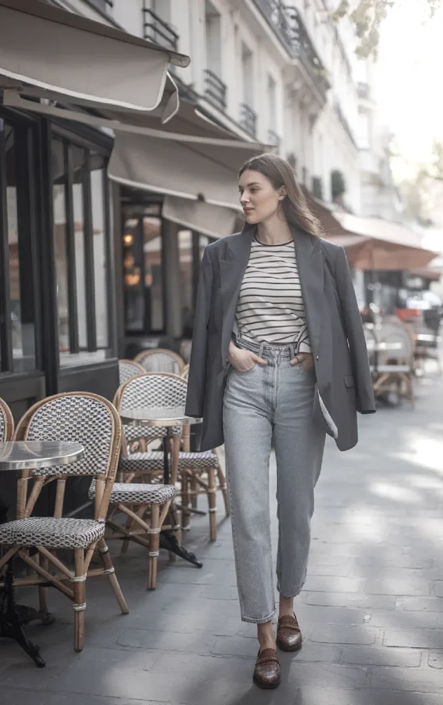 Stylish woman in blazer and jeans walking by outdoor Parisian café, embracing chic city fashion.
