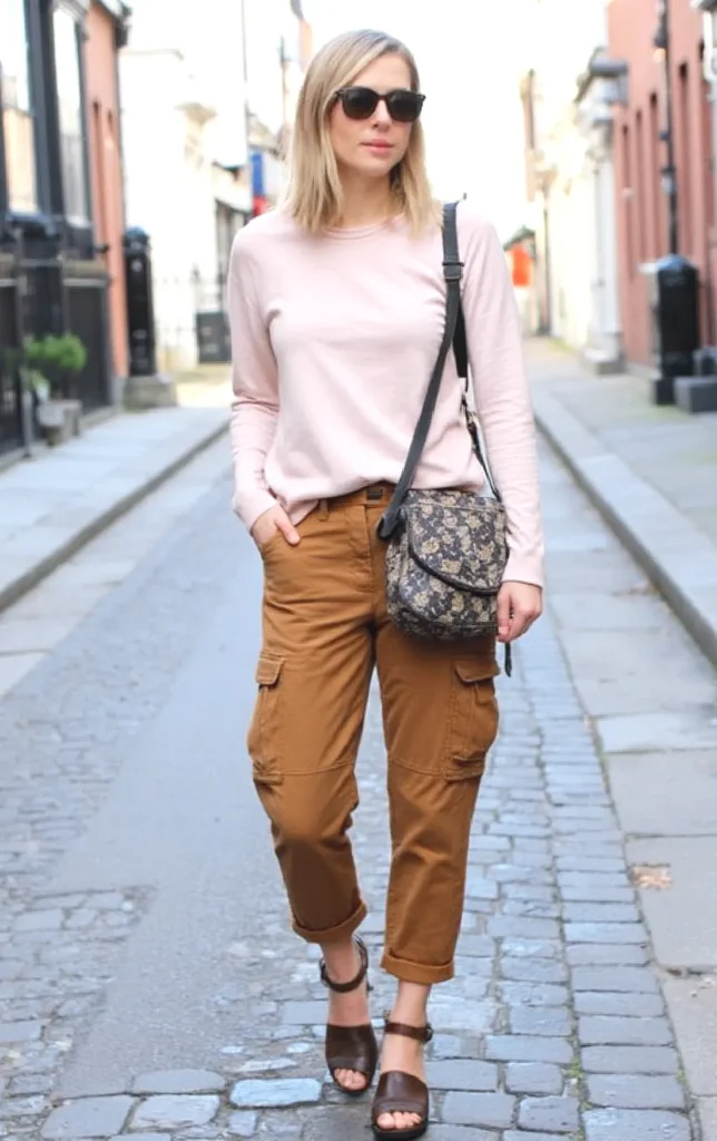 Stylish woman in sunglasses, pink sweater, and brown pants walking on a cobblestone street with a patterned bag.