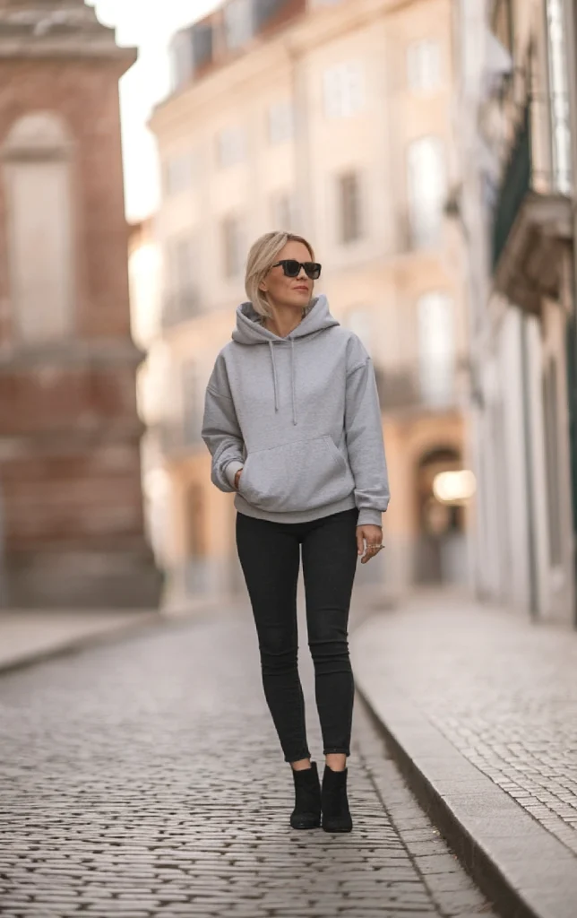 Woman in a gray hoodie and black jeans walking on a cobblestone street in a city.
