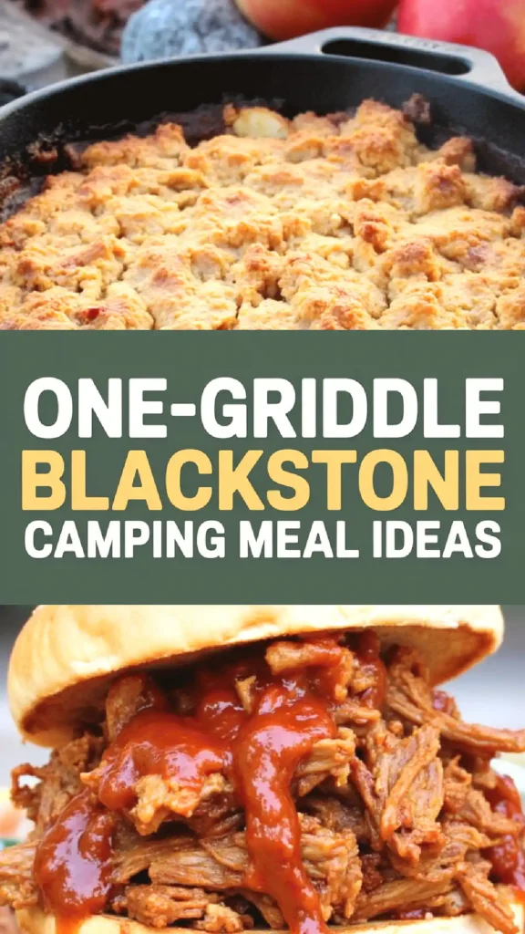 Golden cobbler and BBQ sandwich for Blackstone camping meal ideas. Perfect for outdoor cooking adventures!