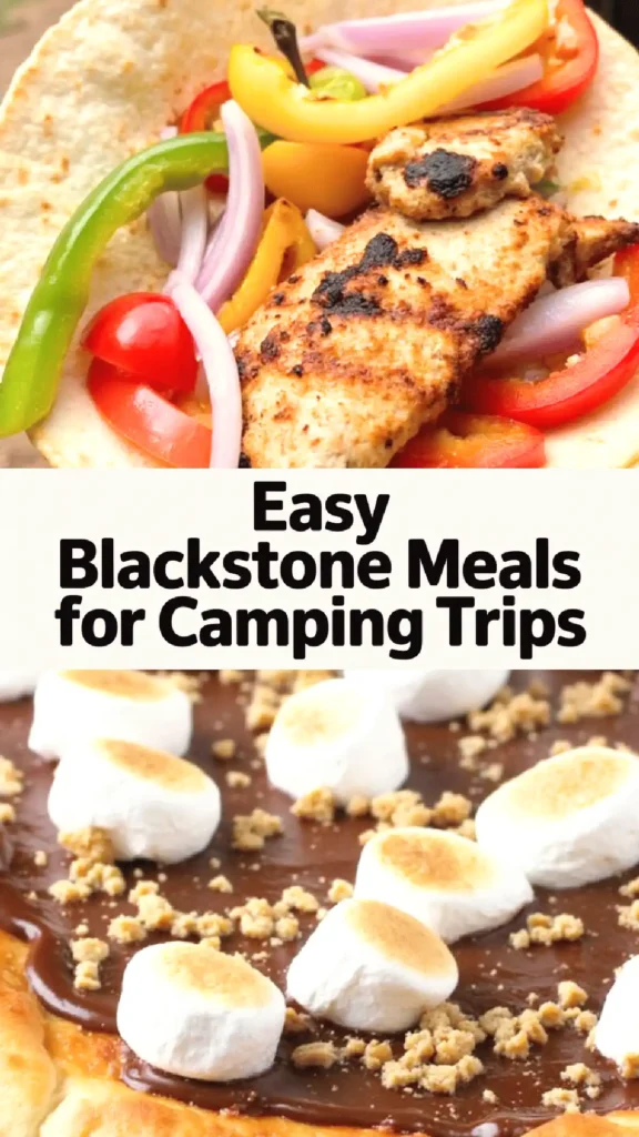 Grilled chicken fajita and s'mores pizza, ideal Blackstone meals for camping trips.