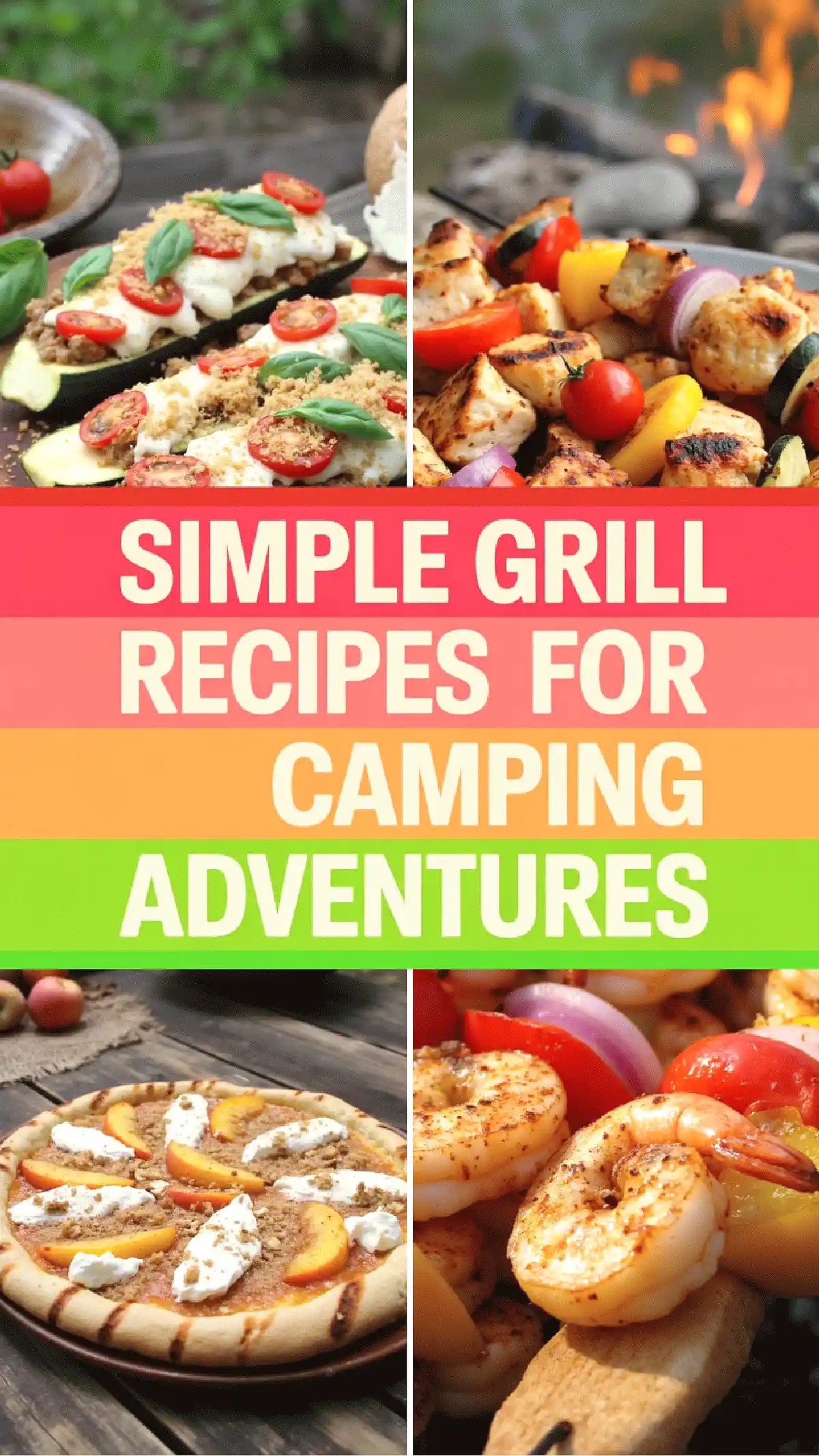 Grilled dishes and skewers for camping adventures with Simple Grill Recipes text overlay.