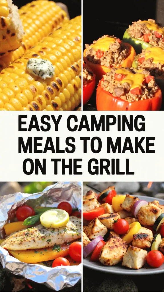 Grilled camping meals: corn, stuffed peppers, foil fish, chicken skewers. Easy recipes for outdoor cooking.
