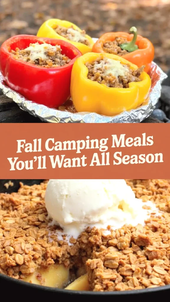 Fall camping meals. Stuffed bell peppers and apple crumble with ice cream for fall camping meals.