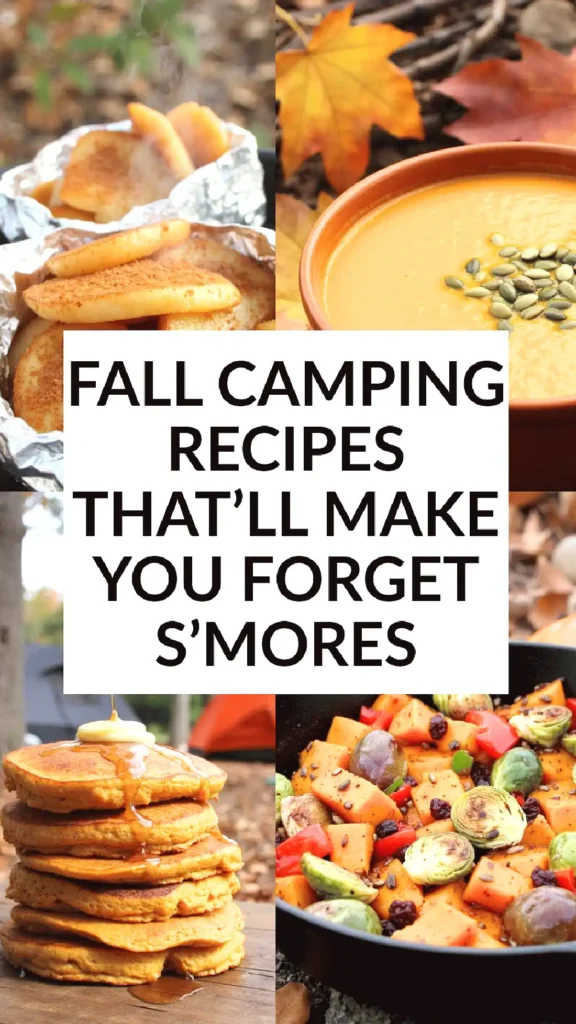 Fall camping recipes including pancakes, soup, and vegetables; perfect for autumn adventures without s'mores.