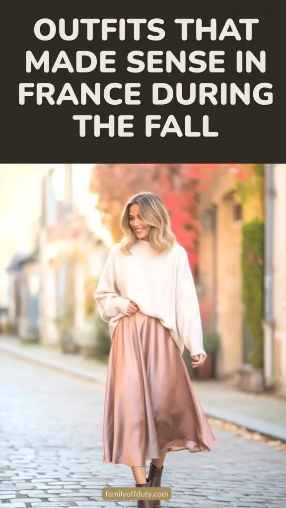 Woman in cozy sweater and flowing skirt on a picturesque French street in fall.