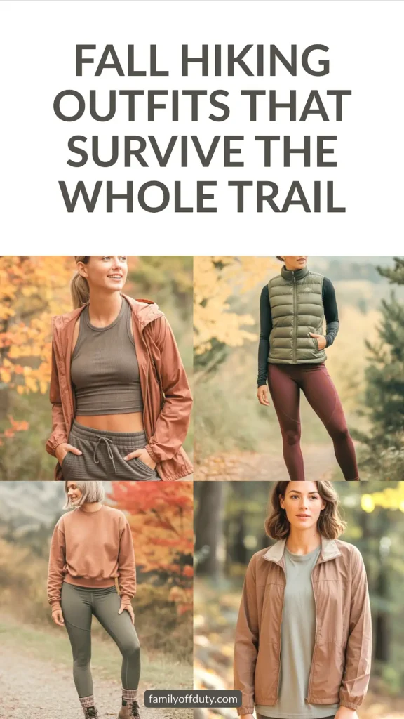 Fall hiking outfits for women, showcasing trendy and comfortable activewear in autumn colors on a scenic trail.