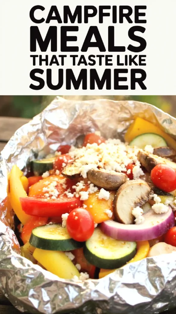 Grill camping meals. Colorful campfire veggies in foil with cheese, highlighting summer meal vibes. Perfect for outdoor cooking enthusiasts.