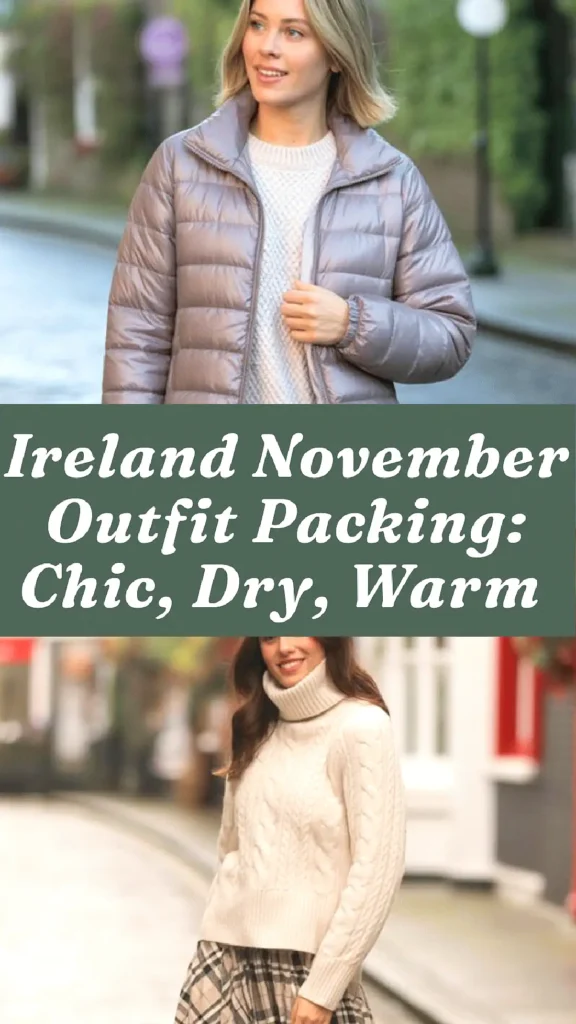 What to pack for Ireland in November, Women in cozy, warm outfits ideal for Ireland in November; featuring a puffer jacket and a turtleneck sweater.
