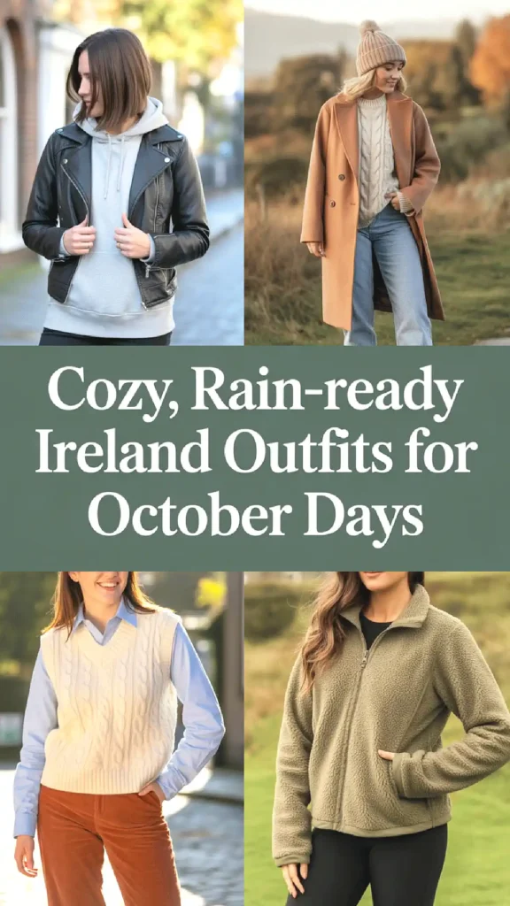 Cozy rain-ready outfits for October in Ireland with stylish jackets, sweaters, and warm layers.