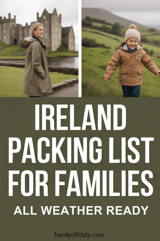 Family-friendly Ireland packing list for all weather; scenic countryside with castle and happy child in a coat.
