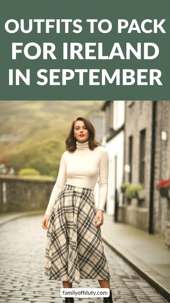 Woman in fall outfit on cobblestone street; Outfits to Pack for Ireland in September text above.