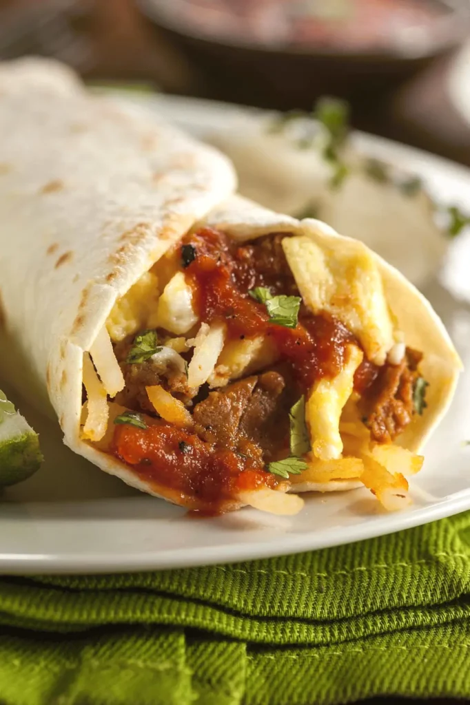 Breakfast burrito with eggs, sausage, hash browns, and salsa on a white plate, set on a green cloth.