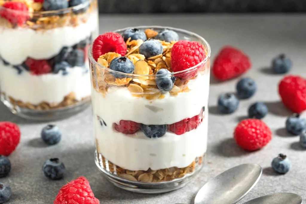 family vacation meals, Parfait with layers of creamy yogurt, fresh berries, and crunchy granola in a glass, perfect for a healthy breakfast.