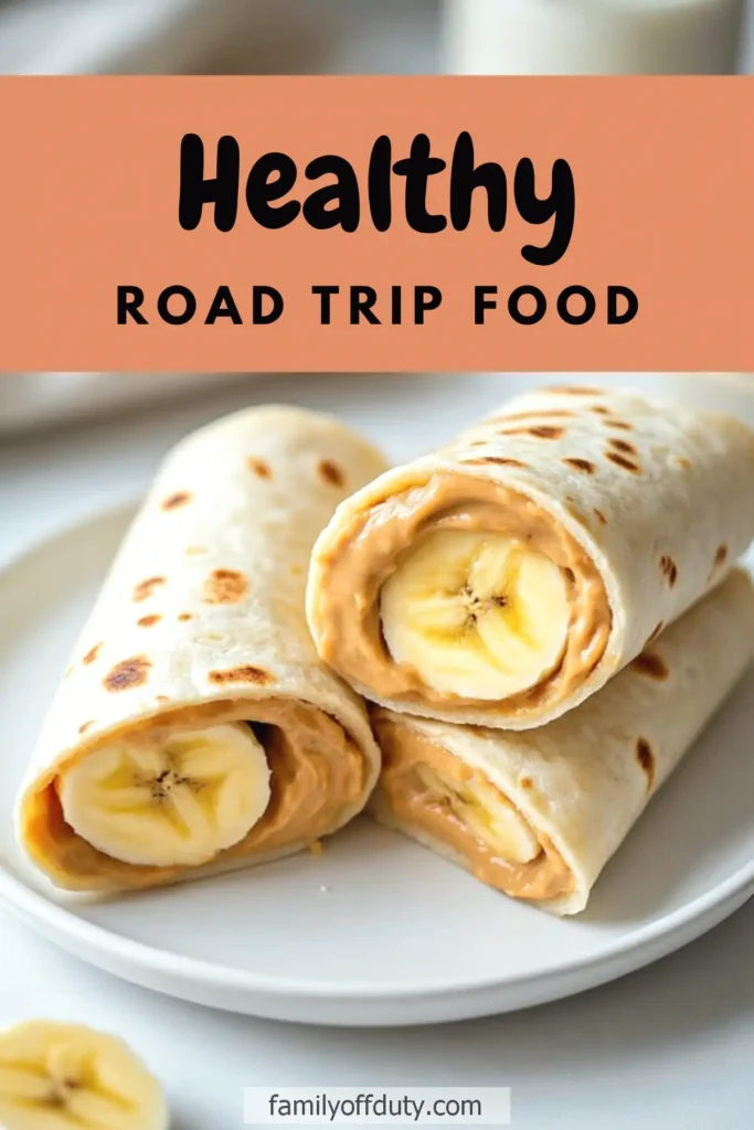 Healthy road trip food: banana and peanut butter wraps on a white plate. Familyoffduty.com.