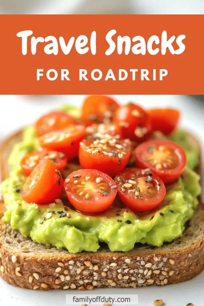 Travek food ideas: Avocado toast topped with cherry tomatoes, a perfect travel snack for road trips.