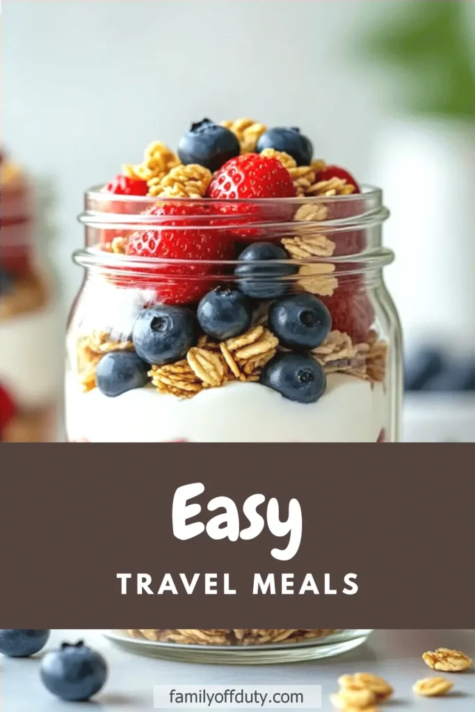 Healthy travel meal in a jar with yogurt, granola, strawberries, and blueberries. Perfect for easy on-the-go snacks.