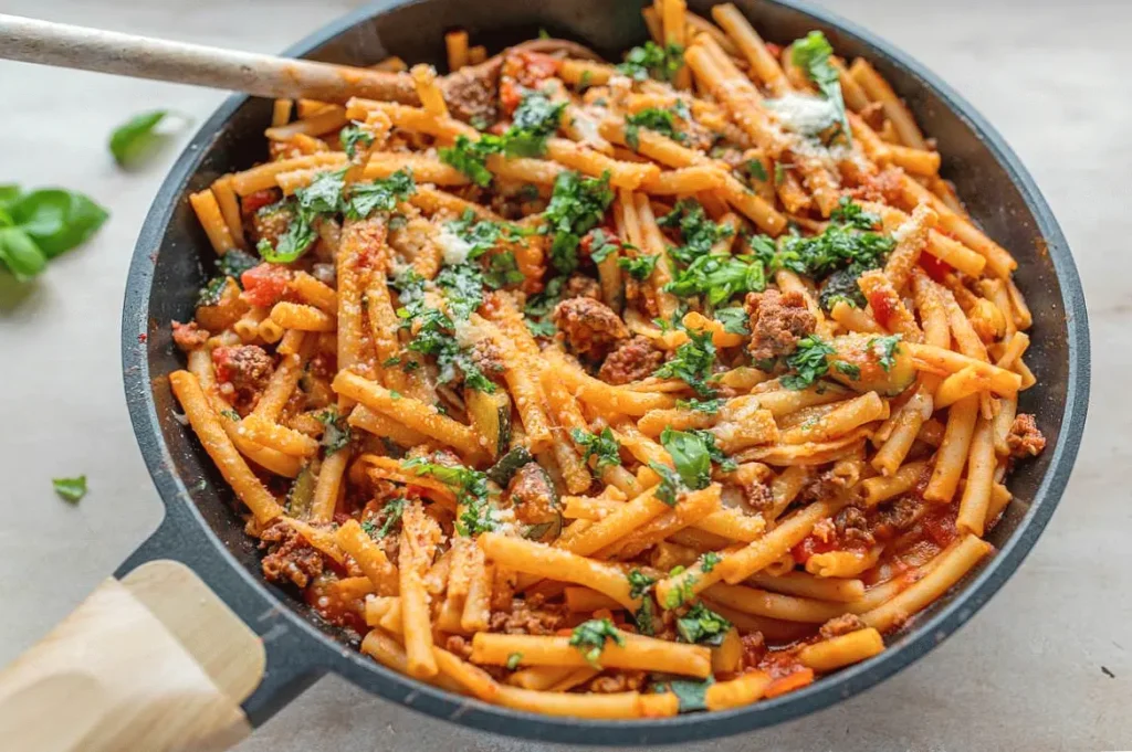 Delicious pasta with meat, tomatoes, and fresh herbs in a skillet, topped with grated cheese. Perfect Italian meal.