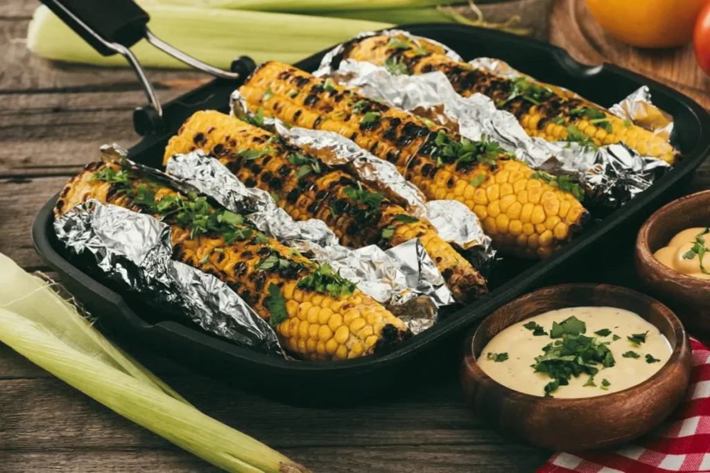 Grilled corn on the cob with herbs, wrapped in foil, served with creamy dipping sauce on a wooden table.