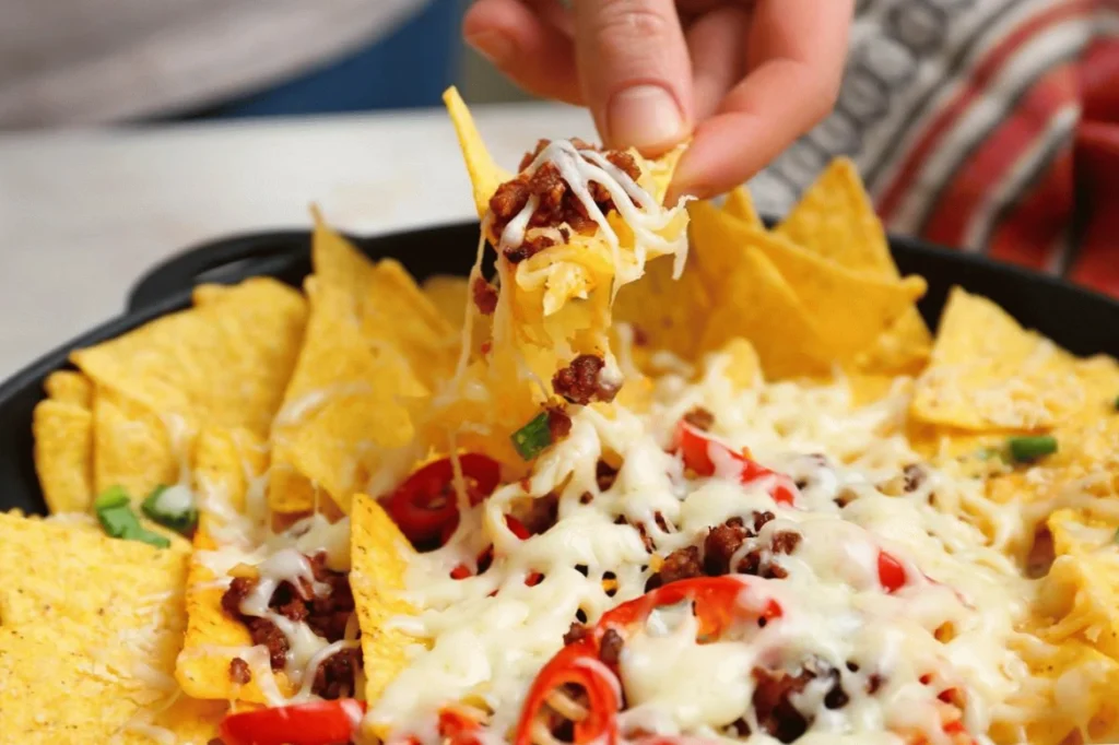 Cheesy nachos topped with flavorful beef and jalapeños, perfect for a tasty snack or party appetizer.