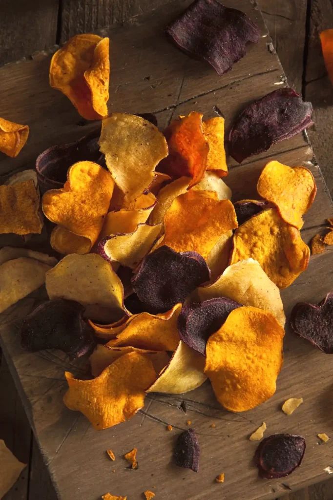 Colorful homemade vegetable chips on a wooden table, featuring sweet potato, beet, and taro slices.