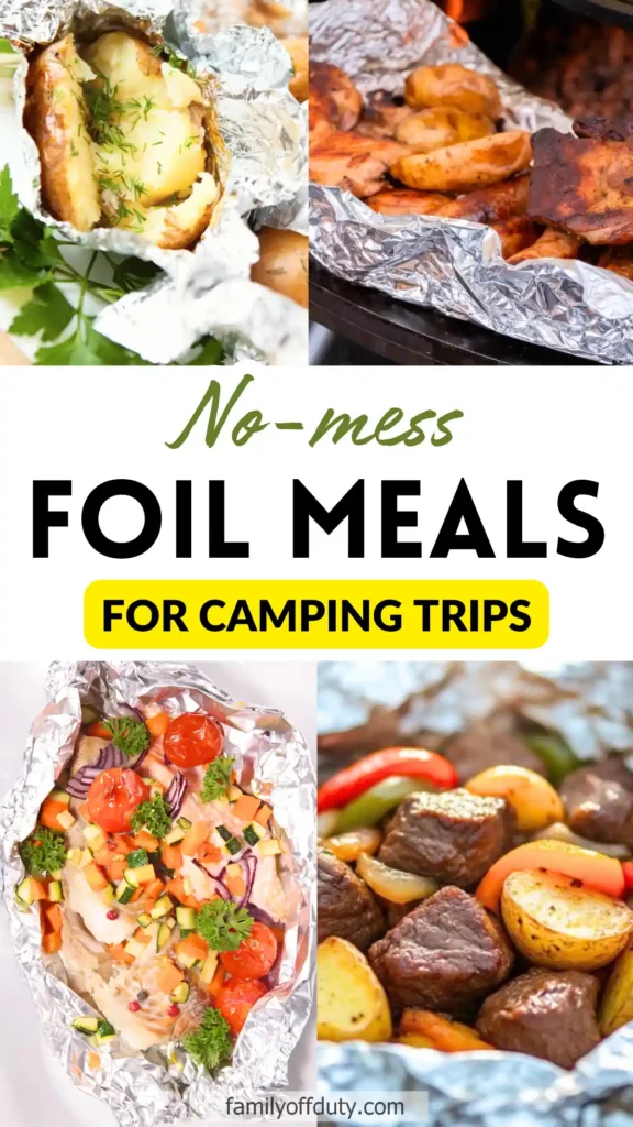 No-mess foil meals for camping trips featuring tasty baked potatoes, grilled meats, and colorful veggies.