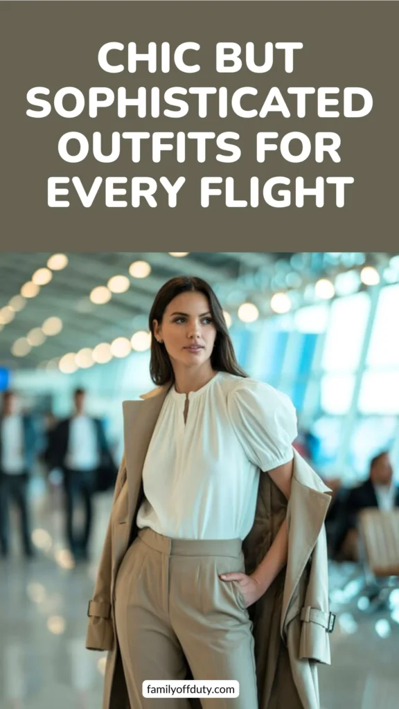 Woman in chic airport outfit: beige trench coat, white blouse, tan pants. Text: Chic outfits for every flight.
