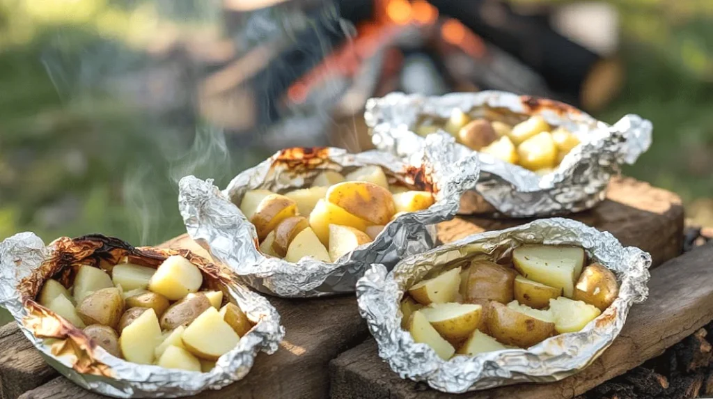 Campfire potatoes roasted in foil packs, steaming hot, outdoors with fire in the background.