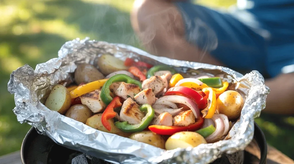 Grilled chicken and colorful peppers with potatoes in foil, outdoor cooking scene.