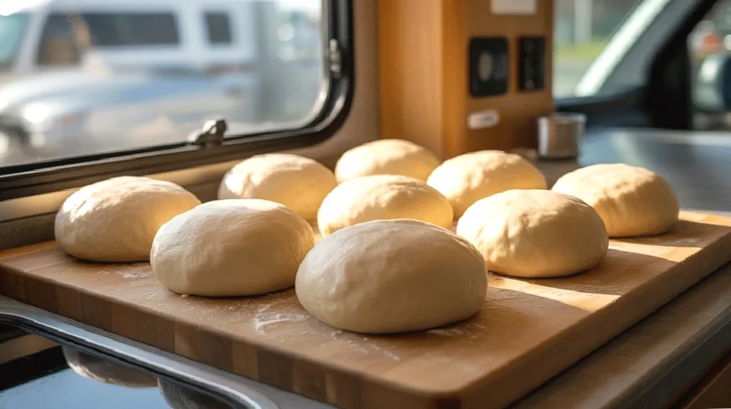 Fresh bread dough rising on a kitchen counter, bathed in sunlight through a window.