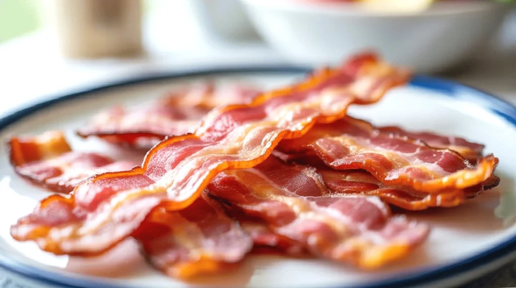 Crispy bacon strips on a white plate, perfect for a savory breakfast treat.