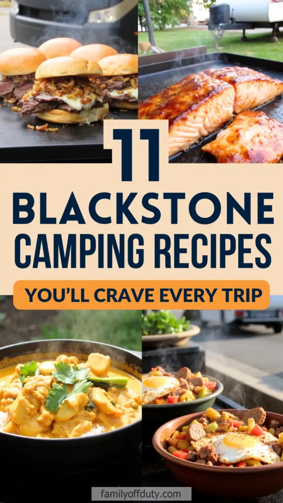 RV blackstone Grill Recipes, 11 delicious Blackstone camping recipes including burgers, salmon, curry, and breakfast skillets for your outdoor trips.