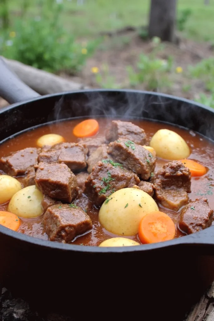 Hearty beef stew with potatoes and carrots in a cast-iron skillet, steaming outdoors.
