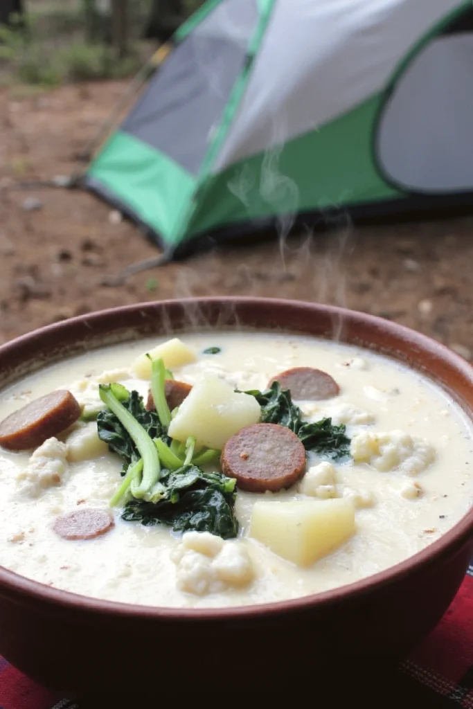 Steaming bowl of sausage and kale soup at a campsite with a tent in the background, perfect for outdoor dining.