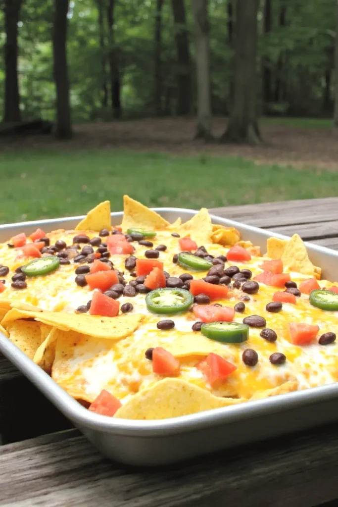 Tray of cheesy nachos topped with jalapeños, tomatoes, and beans on a picnic table in a lush forest setting.