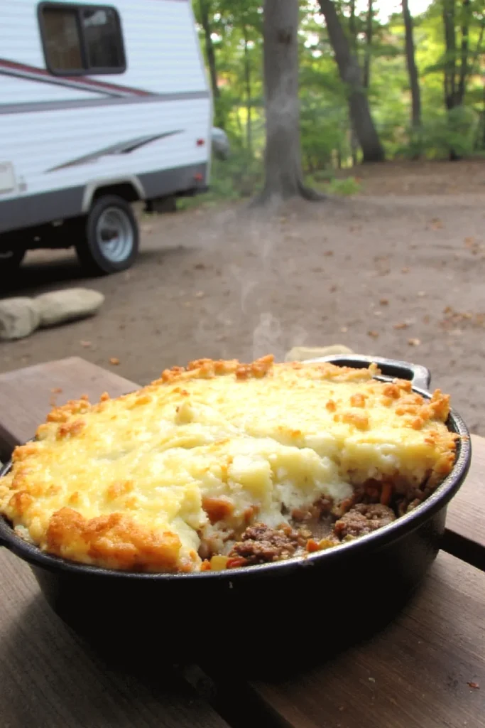 Freshly baked shepherd's pie cooling on picnic table at a forest campsite with trailer in background.