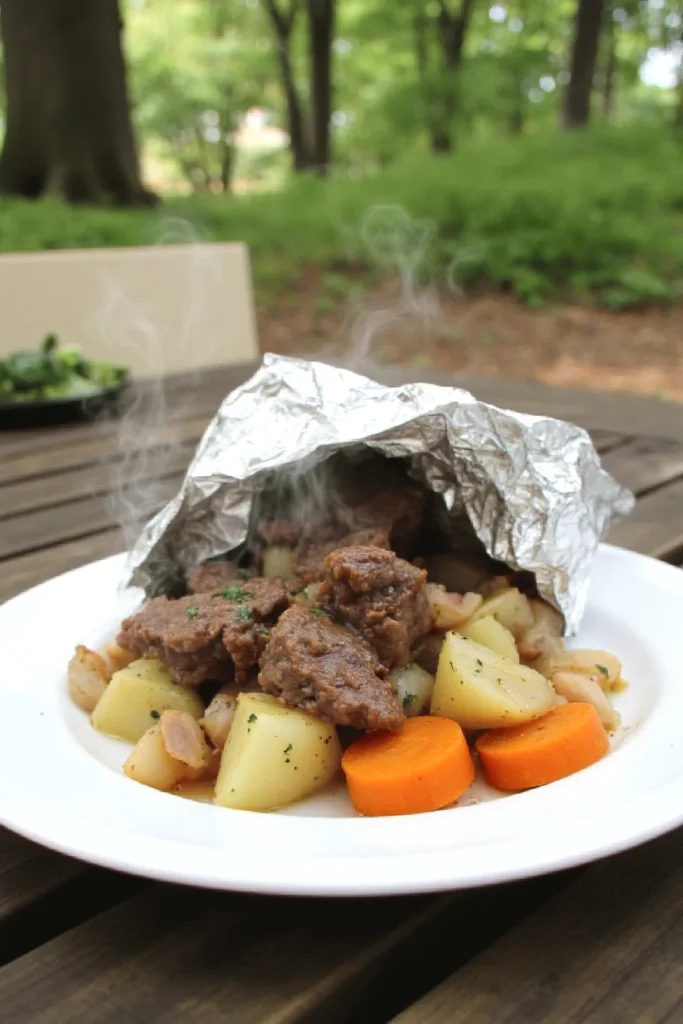 Hearty campfire meal with steaming beef, potatoes, and carrots wrapped in foil on a table in a forest setting.