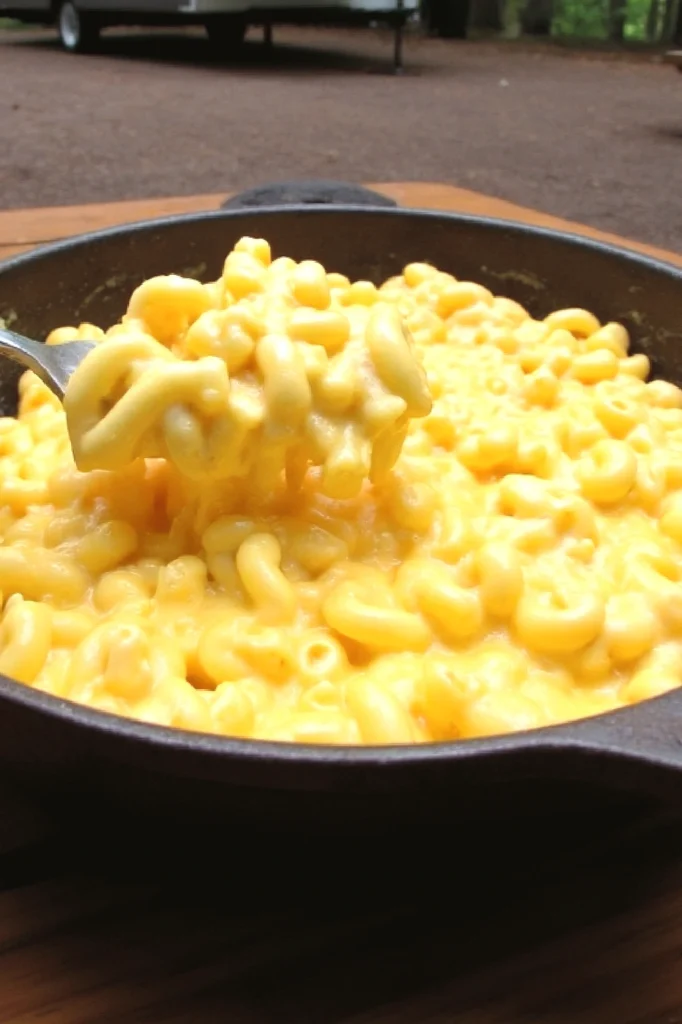 Creamy macaroni and cheese in a skillet, with a spoon lifting a cheesy portion. Perfect comfort food.