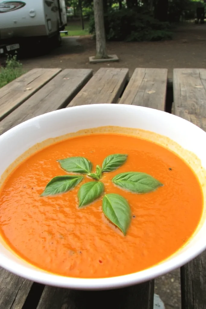 Budget friendly rb meals, Creamy tomato soup topped with fresh basil leaves in a white bowl on a wooden picnic table outdoors.