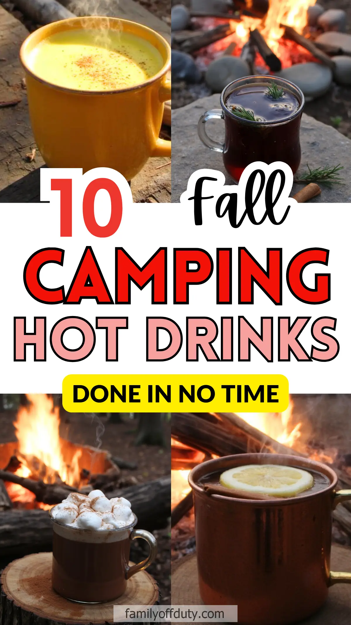 Camping hot drink ideas, Four steaming fall camping hot drinks by a campfire, perfect for quick outdoor enjoyment.