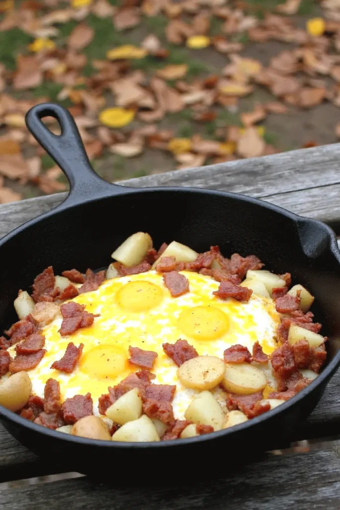 Skillet breakfast with eggs, crispy bacon, and diced potatoes on a rustic table outdoors. Perfect autumn meal.