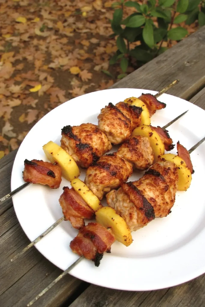 Grilled chicken and pineapple kebabs on a white plate, outdoors, with autumn leaves in the background.