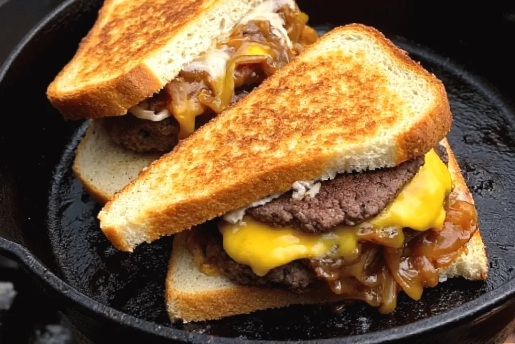 Grilled cheeseburger patty melts with caramelized onions in a cast iron skillet.