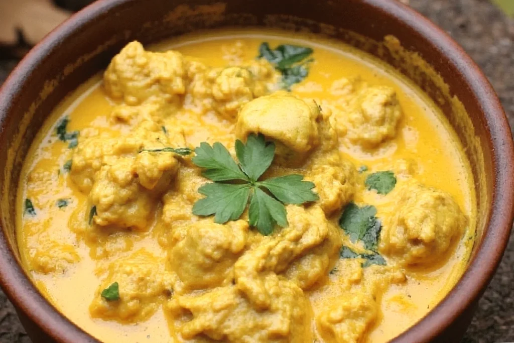 Creamy curry with tender chicken pieces garnished with fresh cilantro in a rustic bowl.