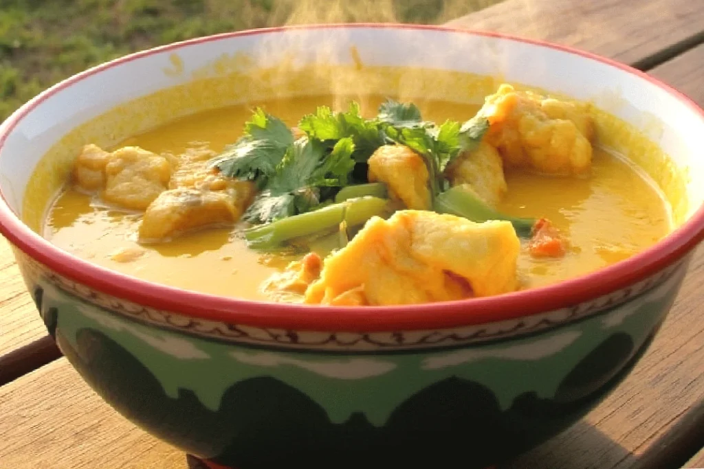 Hearty bowl of steaming curry with vegetables and herbs, served outdoors on wooden table.