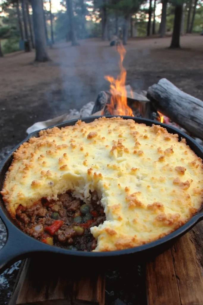 Campfire Shepherd's Pie in a skillet with mashed potato topping, set near a crackling outdoor fire in a forest.