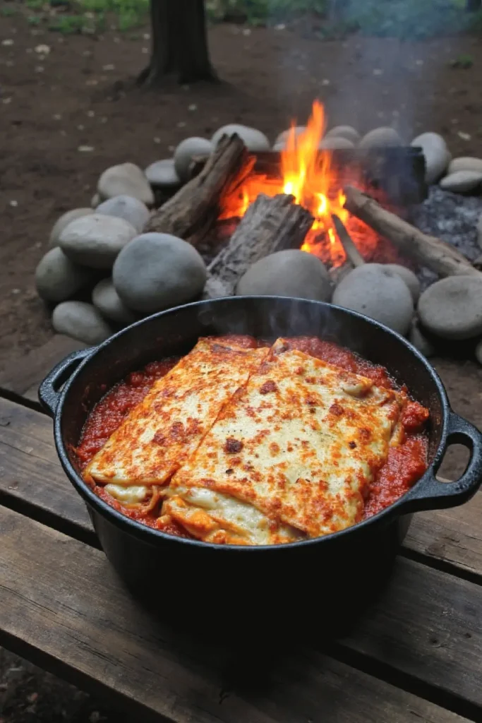Campfire lasagna cooking in a cast iron pot on a wooden table, with flames in the background.
